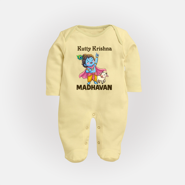Cute Krishna Cow & Flute Theme Print Fullbody suit - PASTEL YELLOW - New Born (Chest 7.5")