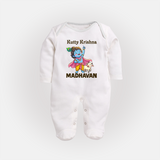 Cute Krishna Cow & Flute Theme Print Fullbody suit - WHITE - New Born (Chest 7.5")