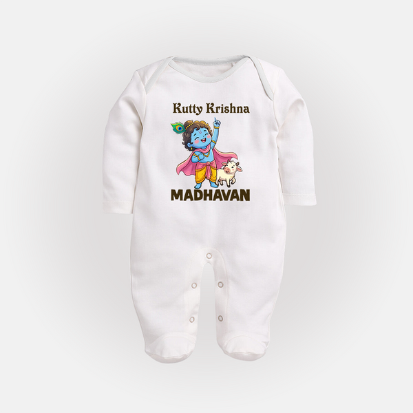 Cute Krishna Cow & Flute Theme Print Fullbody suit - WHITE - New Born (Chest 7.5")