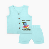 Cute Krishna Cow & Flute Theme Print Jhabla Set - BABY BLUE - 0 - 3 Months Old (Chest 9.8")
