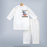 Cute Krishna Cow & Flute Theme Print Kurta - WHITE - 3 - 6 Months Old (Chest 24", Kurta Length 14'', Waist 19", Pant Length 14")