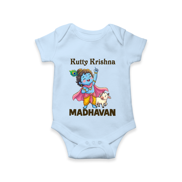 Cute Krishna Cow & Flute Theme Print Romper - BABY BLUE - New Born (Chest 14")