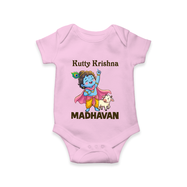 Cute Krishna Cow & Flute Theme Print Romper - BABY PINK - New Born (Chest 14")