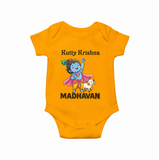 Cute Krishna Cow & Flute Theme Print Romper - CHROME YELLOW - New Born (Chest 14")