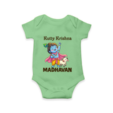 Cute Krishna Cow & Flute Theme Print Romper - GREEN - New Born (Chest 14")