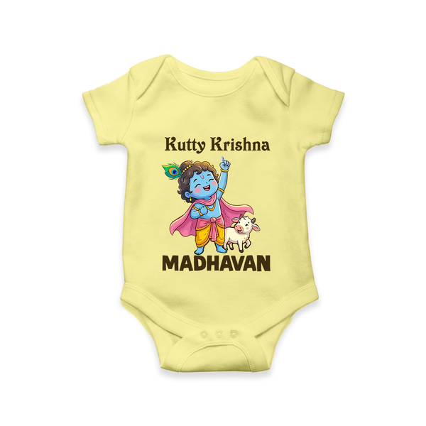 Cute Krishna Cow & Flute Theme Print Romper - PASTEL YELLOW - New Born (Chest 14")
