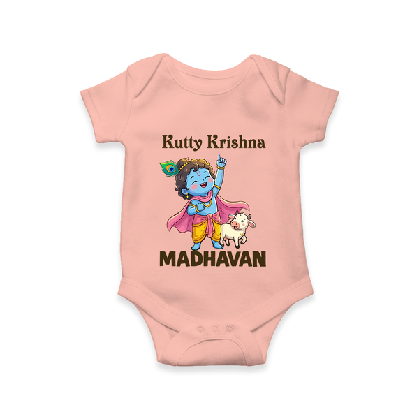 Cute Krishna Cow & Flute Theme Print Romper - PEACH - New Born (Chest 14")