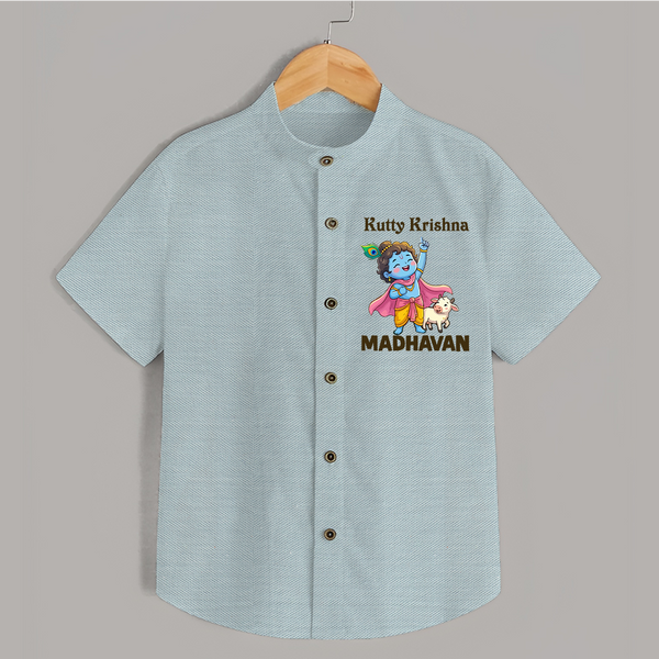 Cute Krishna Cow & Flute Theme Print Shirt - ARCTIC BLUE - 0 - 6 Months Old (Chest 23")