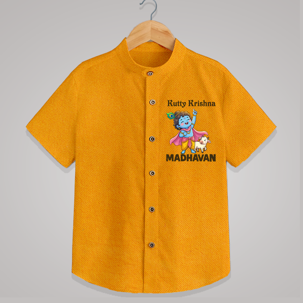 Cute Krishna Cow & Flute Theme Print Shirt - CHROME YELLOW - 0 - 6 Months Old (Chest 23")