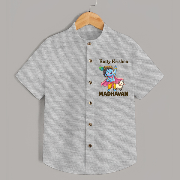 Cute Krishna Cow & Flute Theme Print Shirt - GREY - 0 - 6 Months Old (Chest 23")