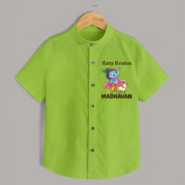 Cute Krishna Cow & Flute Theme Print Shirt - LIME GREEN - 0 - 6 Months Old (Chest 23")