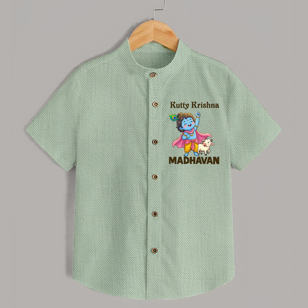 Cute Krishna Cow & Flute Theme Print Shirt - MINT GREEN - 0 - 6 Months Old (Chest 23")