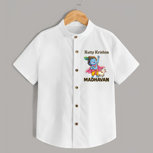 Cute Krishna Cow & Flute Theme Print Shirt - WHITE - 0 - 6 Months Old (Chest 23")