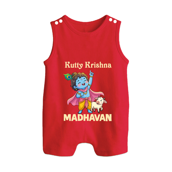 Cute Krishna Cow & Flute Theme Print Button Romper - RED - New Born (Chest 18")