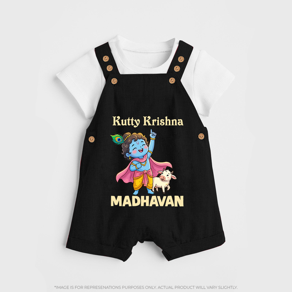 Cute Krishna Cow & Flute Theme Print Dungaree - BLACK - 0 - 5 Months Old (Chest 18")