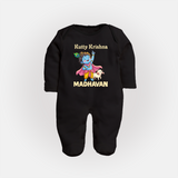 Cute Krishna Cow & Flute Theme Print Fullbody suit - BLACK - New Born (Chest 7.5")