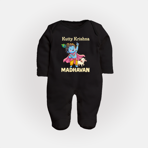Cute Krishna Cow & Flute Theme Print Fullbody suit - BLACK - New Born (Chest 7.5")