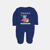 Cute Krishna Cow & Flute Theme Print Fullbody suit - NAVY BLUE - New Born (Chest 7.5")