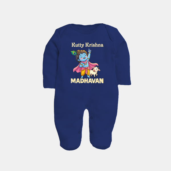 Cute Krishna Cow & Flute Theme Print Fullbody suit - NAVY BLUE - New Born (Chest 7.5")