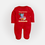Cute Krishna Cow & Flute Theme Print Fullbody suit - RED - New Born (Chest 7.5")