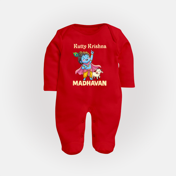 Cute Krishna Cow & Flute Theme Print Fullbody suit - RED - New Born (Chest 7.5")