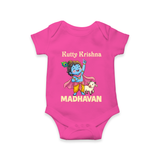 Cute Krishna Cow & Flute Theme Print Romper - HOT PINK - New Born (Chest 14")
