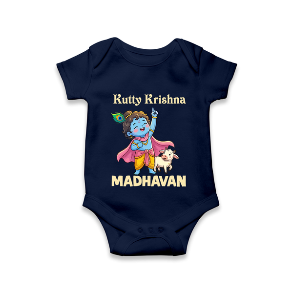 Cute Krishna Cow & Flute Theme Print Romper - NAVY BLUE - New Born (Chest 14")
