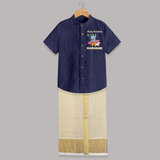 Cute Krishna Cow & Flute Theme Print Shirt and Dhoti - DARK BLUE - 0 - 6 Months Old (Chest-23") (Dhoti length-14")