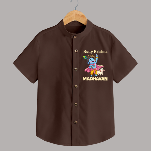 Cute Krishna Cow & Flute Theme Print Shirt - CHOCOLATE BROWN - 0 - 6 Months Old (Chest 23")