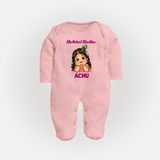 Little Radha Krishna Divine Charm Print Fullbody suit - BABY PINK - New Born (Chest 7.5")