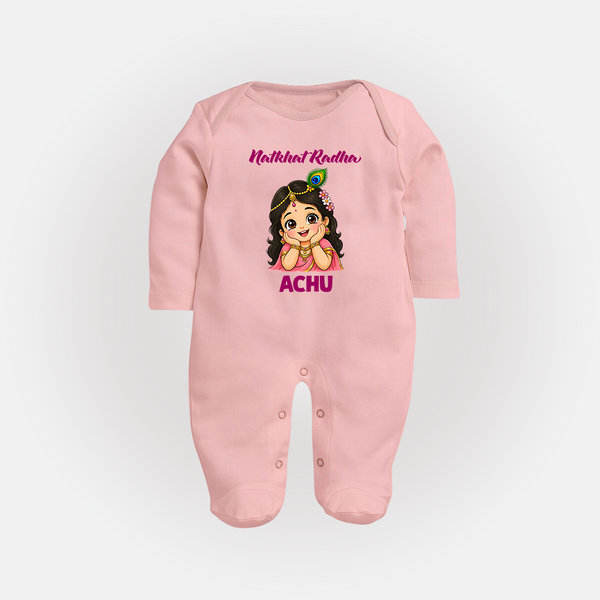 Little Radha Krishna Divine Charm Print Fullbody suit - BABY PINK - New Born (Chest 7.5")