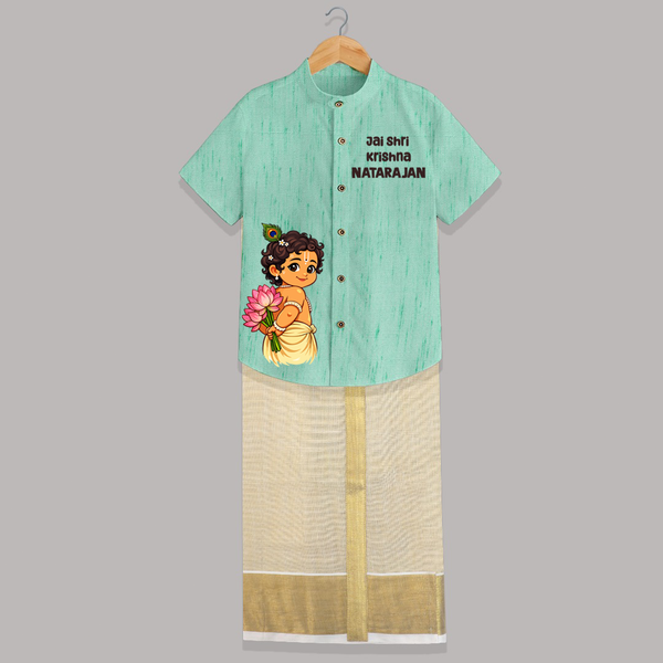 Jai Shri Krishna Divine Little Krishna Printed Shirt and Dhoti - AQUA GREEN - 0 - 6 Months Old (Chest-23") (Dhoti length-14")