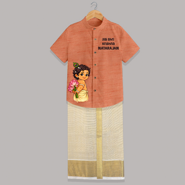 Jai Shri Krishna Divine Little Krishna Printed Shirt and Dhoti - ORANGE - 0 - 6 Months Old (Chest-23") (Dhoti length-14")