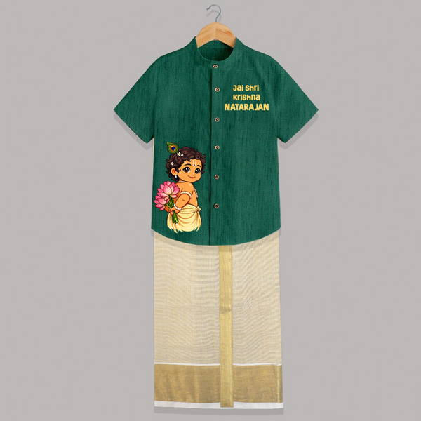 Jai Shri Krishna Divine Little Krishna Printed Shirt and Dhoti - DARK GREEN - 0 - 6 Months Old (Chest-23") (Dhoti length-14")
