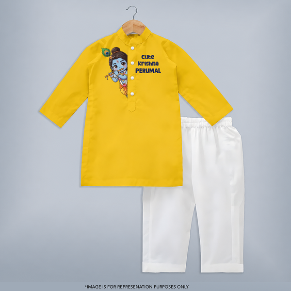 Cute Krishna Flute Melody Illustration Printed Kurta - CHROME YELLOW - 3 - 6 Months Old (Chest 24", Kurta Length 14'', Waist 19", Pant Length 14")