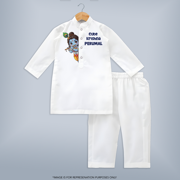 Cute Krishna Flute Melody Illustration Printed Kurta - WHITE - 3 - 6 Months Old (Chest 24", Kurta Length 14'', Waist 19", Pant Length 14")