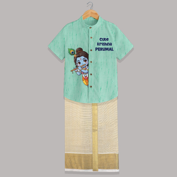 Cute Krishna Flute Melody Illustration Printed Shirt and Dhoti - AQUA GREEN - 0 - 6 Months Old (Chest-23") (Dhoti length-14")