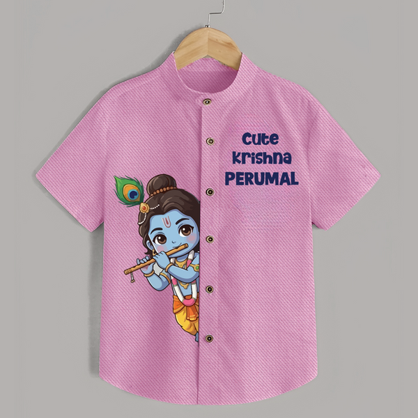 Cute Krishna Flute Melody Illustration Printed Shirt - BABY PINK - 0 - 6 Months Old (Chest 23")