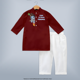 Cute Krishna Flute Melody Illustration Printed Kurta - MAROON - 3 - 6 Months Old (Chest 24", Kurta Length 14'', Waist 19", Pant Length 14")