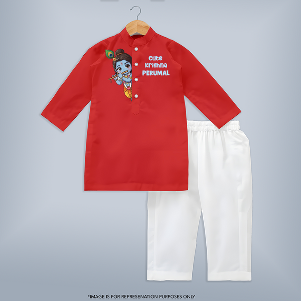 Cute Krishna Flute Melody Illustration Printed Kurta - RED - 3 - 6 Months Old (Chest 24", Kurta Length 14'', Waist 19", Pant Length 14")