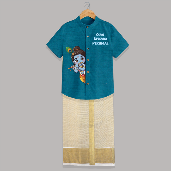 Cute Krishna Flute Melody Illustration Printed Shirt and Dhoti - PEACOCK BLUE - 0 - 6 Months Old (Chest-23") (Dhoti length-14")