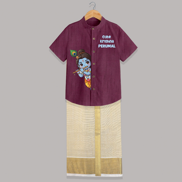Cute Krishna Flute Melody Illustration Printed Shirt and Dhoti - WINE - 0 - 6 Months Old (Chest-23") (Dhoti length-14")