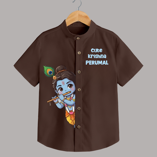 Cute Krishna Flute Melody Illustration Printed Shirt - CHOCOLATE BROWN - 0 - 6 Months Old (Chest 23")