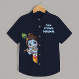 Cute Krishna Flute Melody Illustration Printed Shirt - NAVY BLUE - 0 - 6 Months Old (Chest 23")
