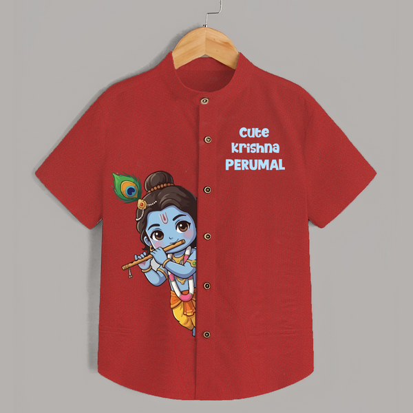 Cute Krishna Flute Melody Illustration Printed Shirt - RED - 0 - 6 Months Old (Chest 23")