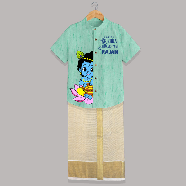Krishna Janmashtami Lotus Celebration Printed Shirt and Dhoti - AQUA GREEN - 0 - 6 Months Old (Chest-23") (Dhoti length-14")