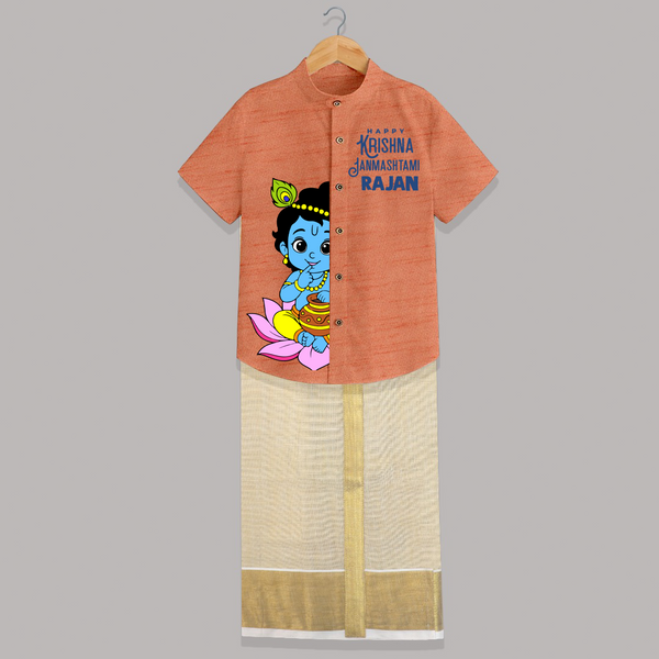 Krishna Janmashtami Lotus Celebration Printed Shirt and Dhoti - ORANGE - 0 - 6 Months Old (Chest-23") (Dhoti length-14")