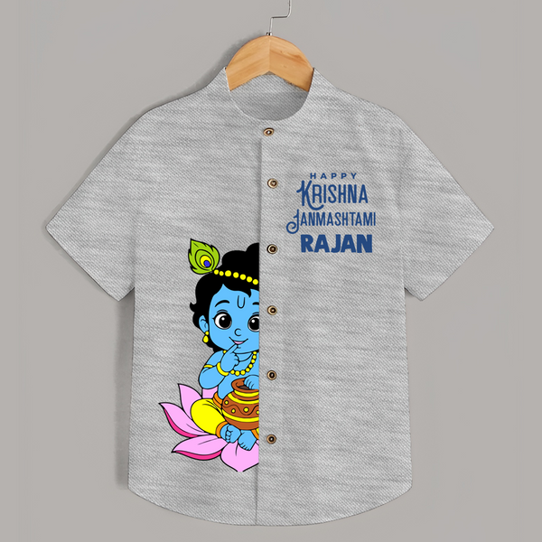 Krishna Janmashtami Lotus Celebration Printed Shirt - GREY - 0 - 6 Months Old (Chest 23")