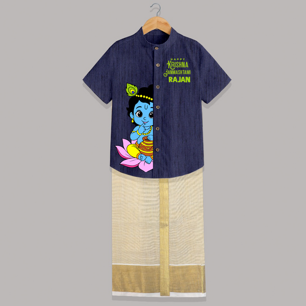 Krishna Janmashtami Lotus Celebration Printed Shirt and Dhoti - DARK BLUE - 0 - 6 Months Old (Chest-23") (Dhoti length-14")