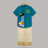 Krishna Janmashtami Lotus Celebration Printed Shirt and Dhoti - PEACOCK BLUE - 0 - 6 Months Old (Chest-23") (Dhoti length-14")